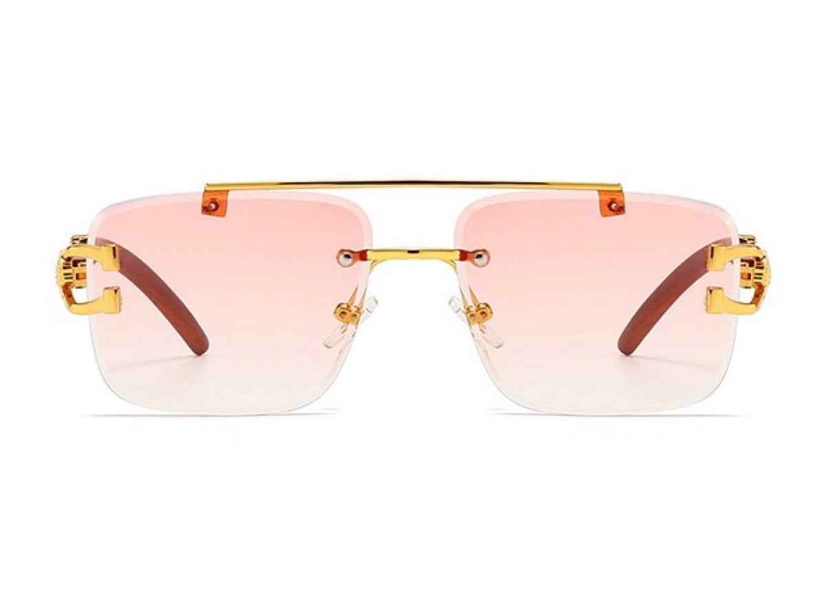 New Stylish Rimless Panther face Wooden Temple luxurious Gold Gradient Pink UV-400 Unisex Fashion Sunglasses