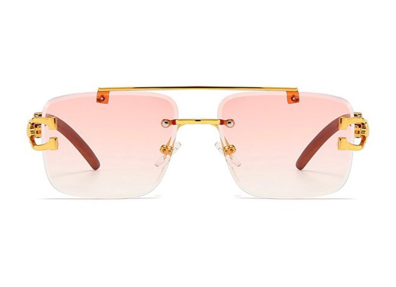 New Stylish Rimless Panther face Wooden Temple luxurious Gold Gradient Pink UV-400 Unisex Fashion Sunglasses