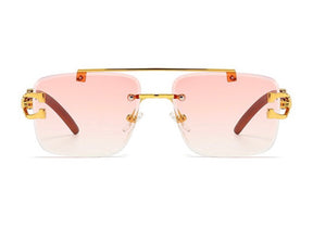 New Stylish Rimless Panther face Wooden Temple luxurious Gold Gradient Pink UV-400 Unisex Fashion Sunglasses