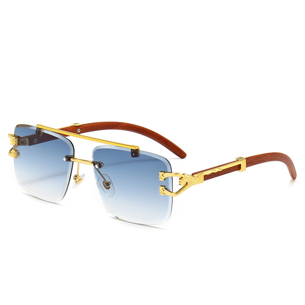 New Stylish Rimless Panther face Wooden Temple luxurious Gold Gradient Blue UV-400 Unisex Sunglasses