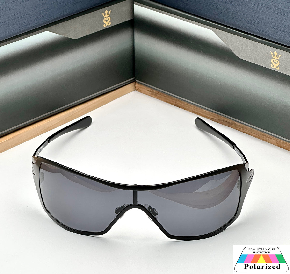 New Stylish Metal One Piece Black Black Polarised Mens Fashion Sunglasses