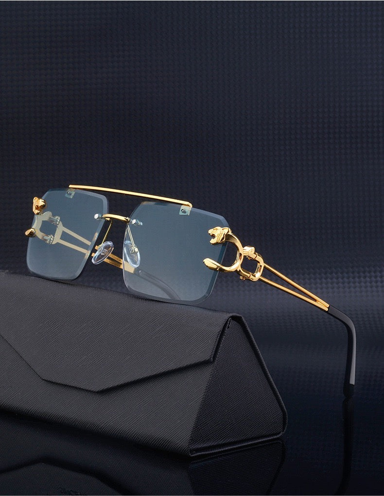 New Stylish Rimless Panther face Luxurious Golden Blue UV-400 Unisex Fashion Sunglasses