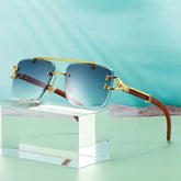 New Stylish Rimless Panther face Wooden Temple luxurious Gold Gradient Blue UV-400 Unisex Sunglasses