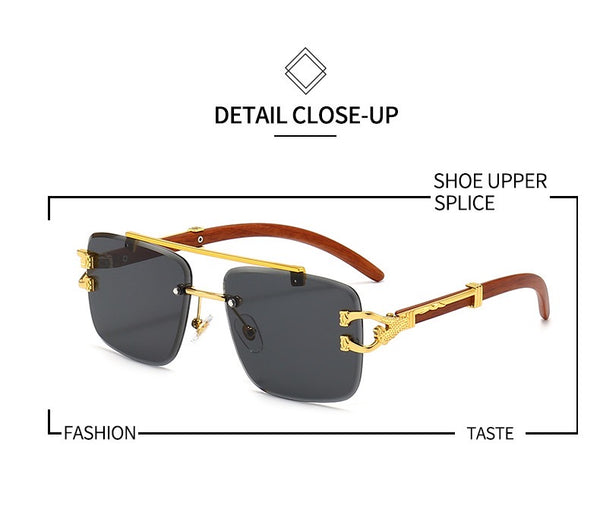 New Stylish Rimless Panther face Wooden Temple luxurious Gold Black UV-400 Unisex Sunglasses