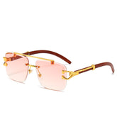 New Stylish Rimless Panther face Wooden Temple luxurious Gold Gradient Pink UV-400 Unisex Fashion Sunglasses