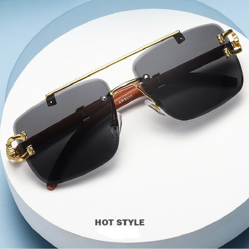 New Stylish Rimless Panther face Wooden Temple luxurious Gold Black UV-400 Unisex Sunglasses